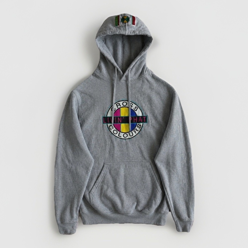 Y2K Cross Colours Livin Phat Hoodie Mens Unisex S Gray Hip Hop Nation Streetwear